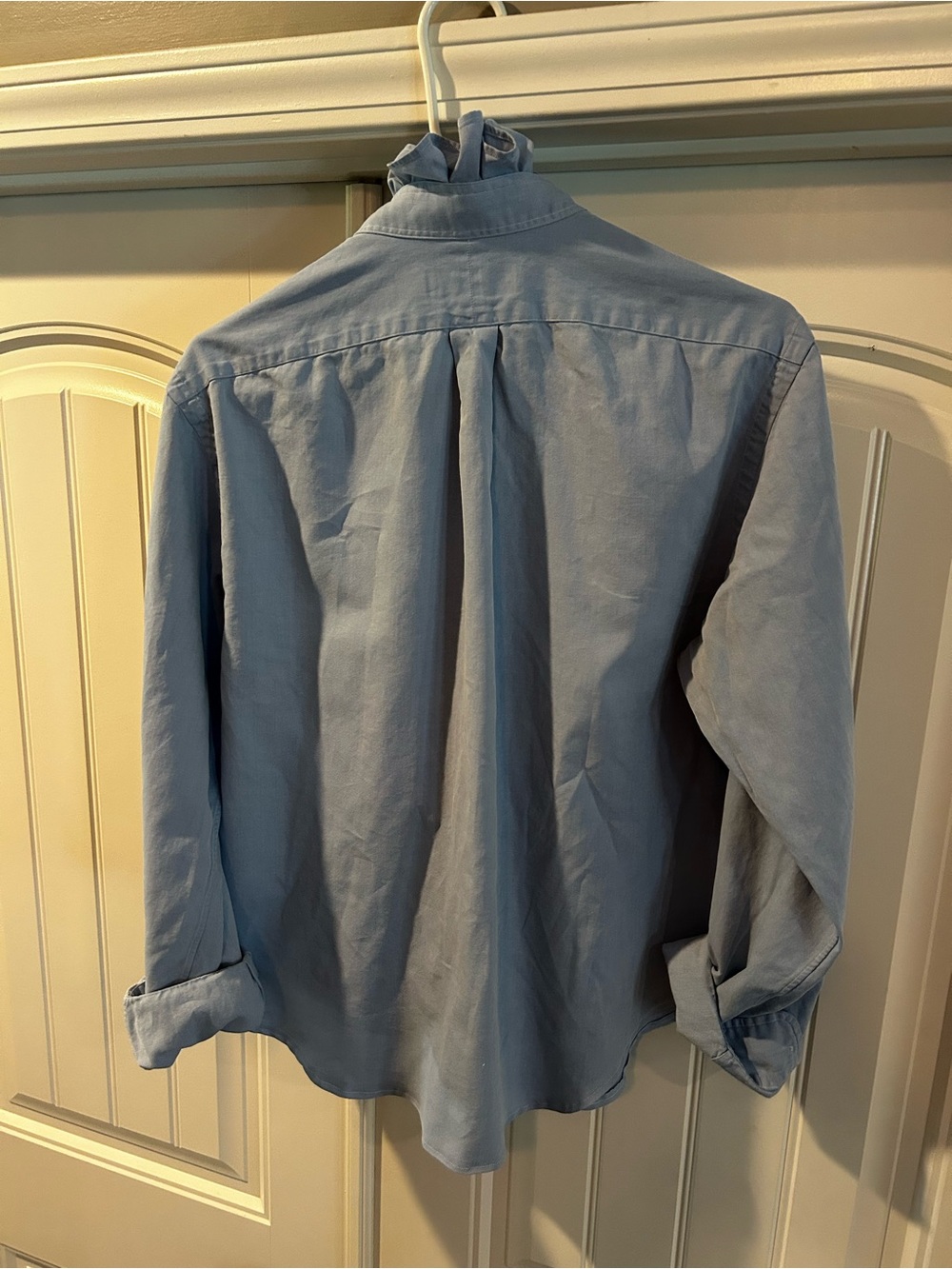 Ralph Lauren Blue Men's Upcycled Button-Down Shirt w/ Pink Pony Ruffled Collar - Picture 3 of 5